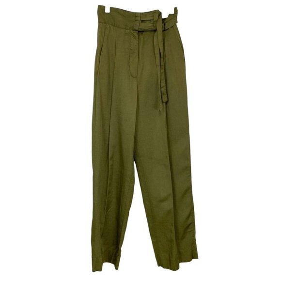 SANDRO OLIVE GREEN LINEN BLEND HIGH RISE STRAIGHT LEG PLEATED TROUSER - 0 - Picture 1 of 9